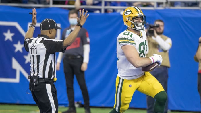 Josiah Deguara scored a 62-yard touchdown at Detroit last season. (Photo by David Reginek/USA Today Sports Images)